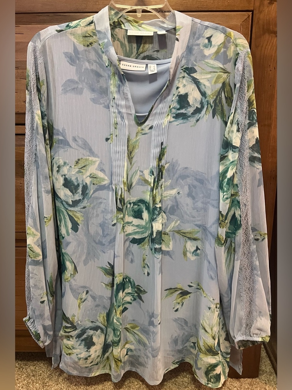 Susan Graver 2 Piece Blue Green Floral Sheer and Lace Tunic Tank Set Size L